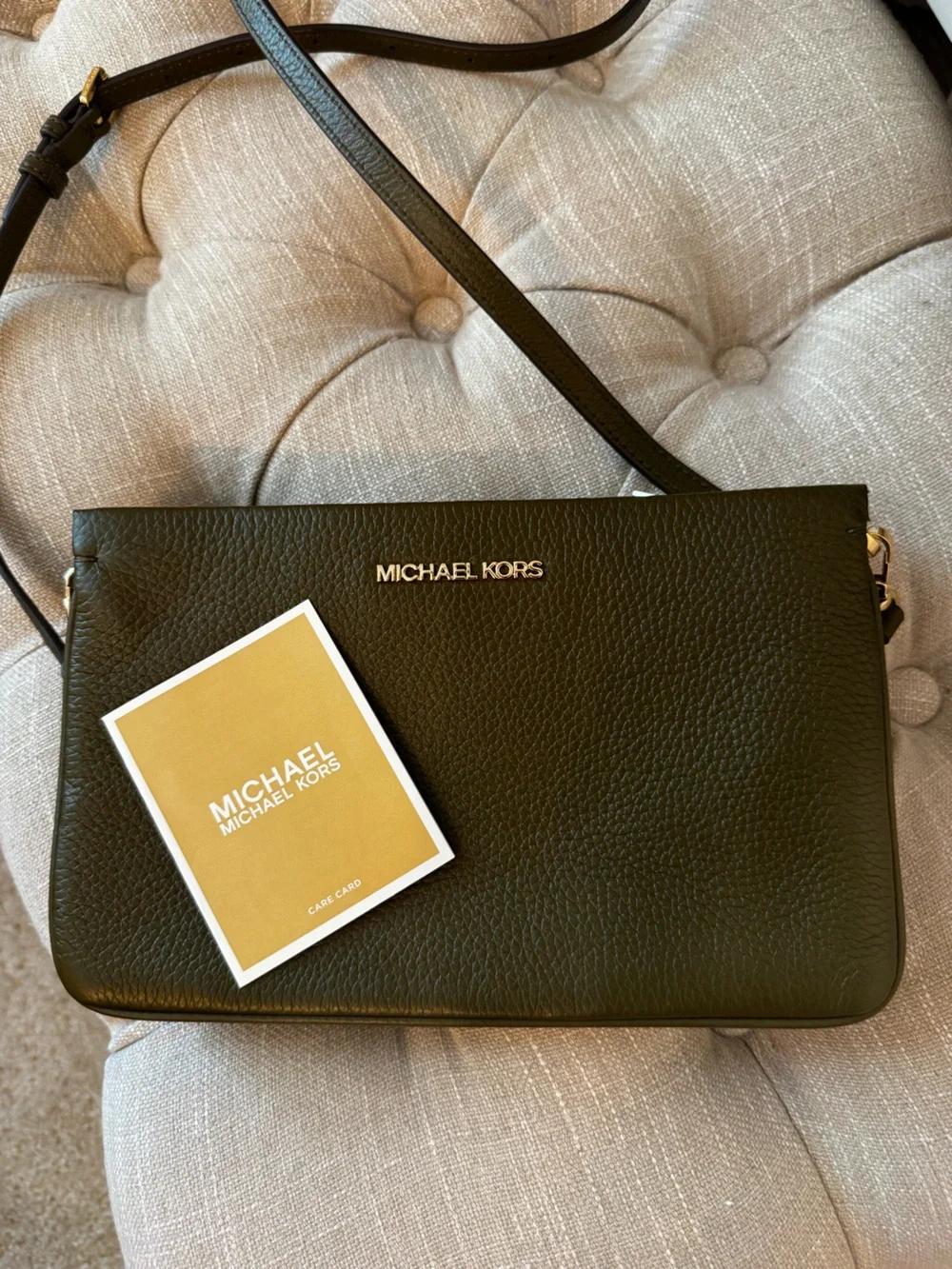 Michael Kors Dark Olive Green Crossbody with Black Strap and Gold Hardware